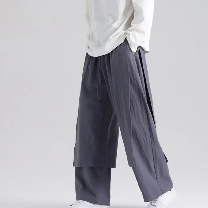 Buddha Stones Plain Patchwork Design Men‘s Cotton Pants With Pockets