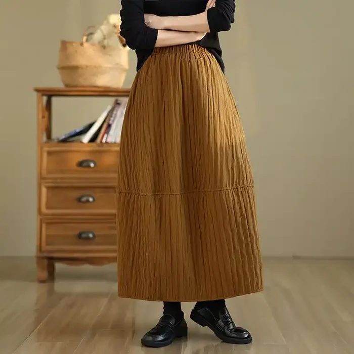 Buddha Stones Plain Pleats Design Elastic Waist Women‘s Thermal Skirt With Pockets