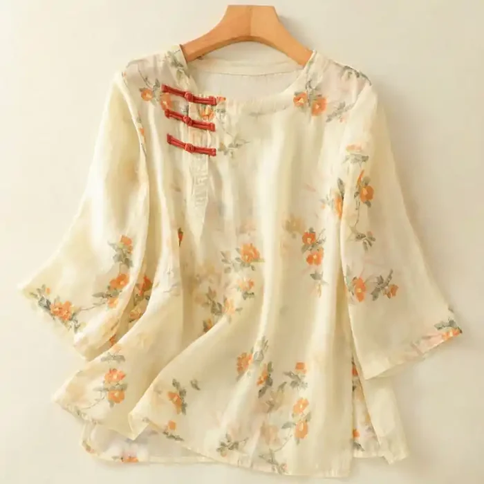 Buddha Stones Plant Printed Crew Neck Frog Button Design Women‘s Polyester Three Quarter Sleeve Shirt
