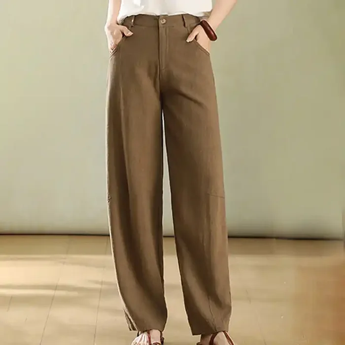 Buddha Stones Pure Color Buttons Women‘s Linen Pants With Pockets