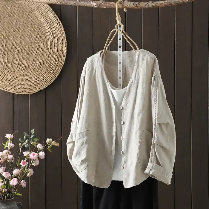Buddha Stones Pure Color V-neck Women‘s Cotton Jacket With Pockets