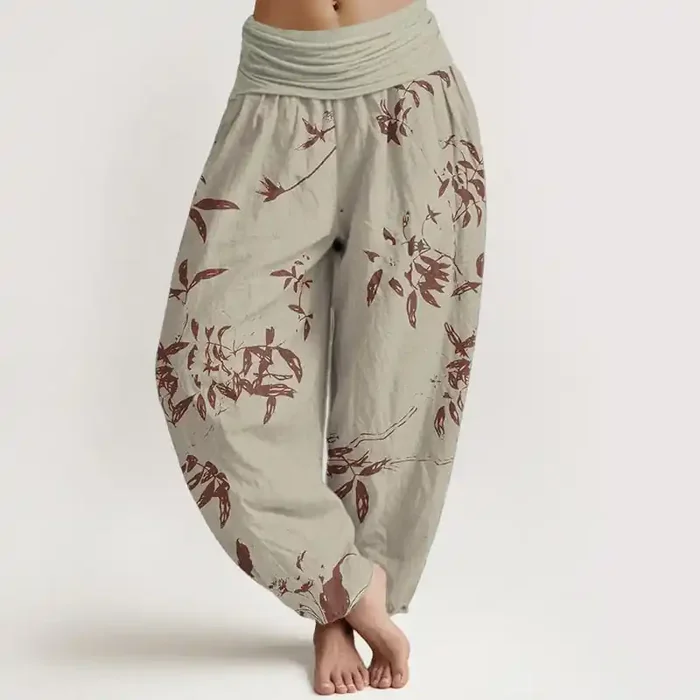 Buddha Stones Pure Cotton Branch Pattern Women‘s Elastic Waist Harem Pants