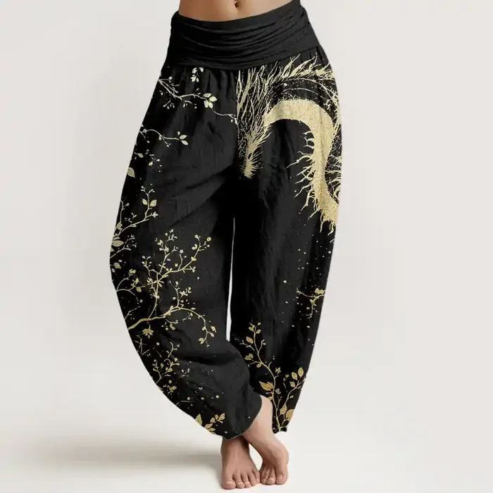 Buddha Stones Pure Cotton Casual Dragon Flower Leaf Pattern Women‘s Elastic Waist Harem Pants