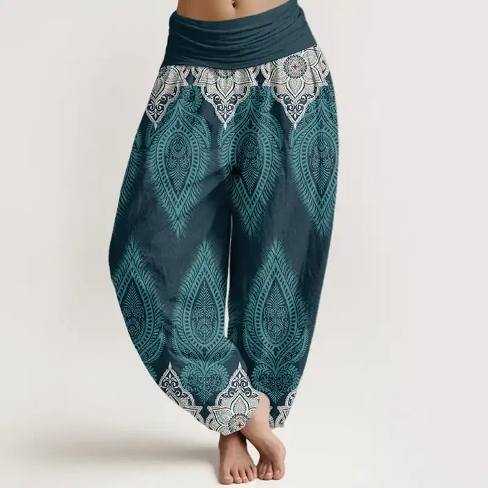 Buddha Stones Pure Cotton Casual Feather Flower Design Women‘s Elastic Waist Harem Pants