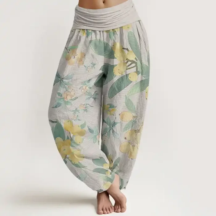 Buddha Stones Pure Cotton Casual Loquat Pattern Women‘s Elastic Waist Harem Pants
