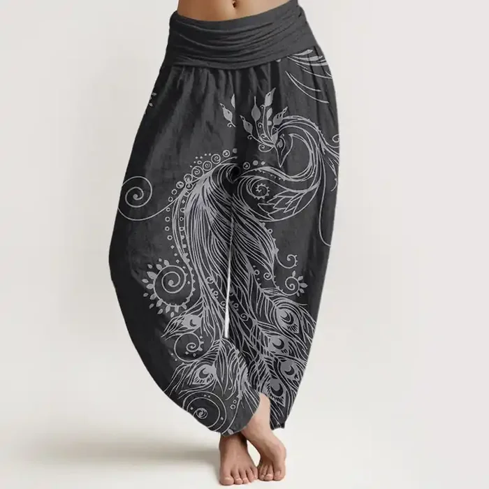 Buddha Stones Pure Cotton Casual Peacock Design Women‘s Elastic Waist Harem Pants