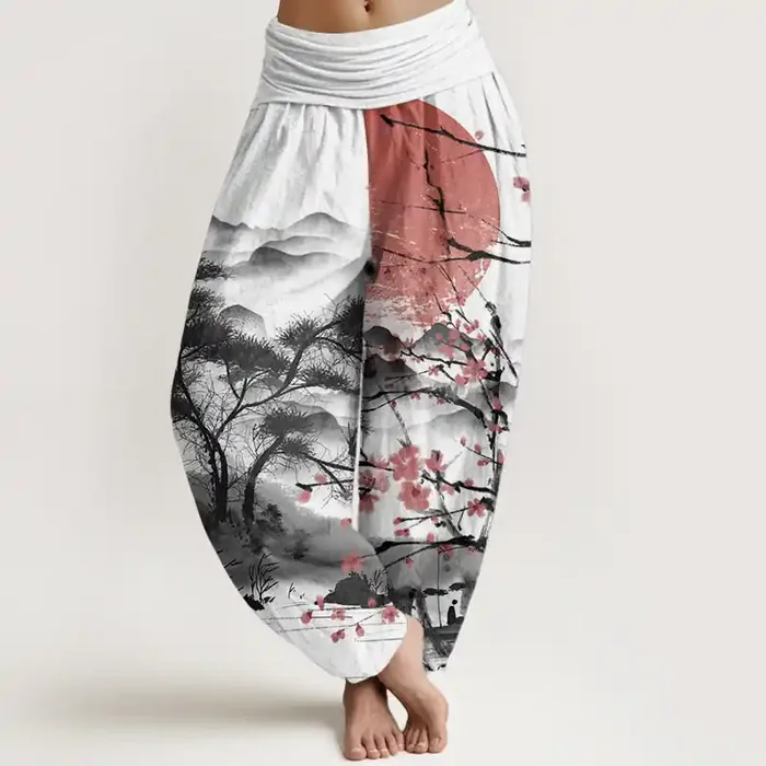 Buddha Stones Pure Cotton Casual Red Plum Blossom Mountains Sun Pattern Women‘s Elastic Waist Harem Pants