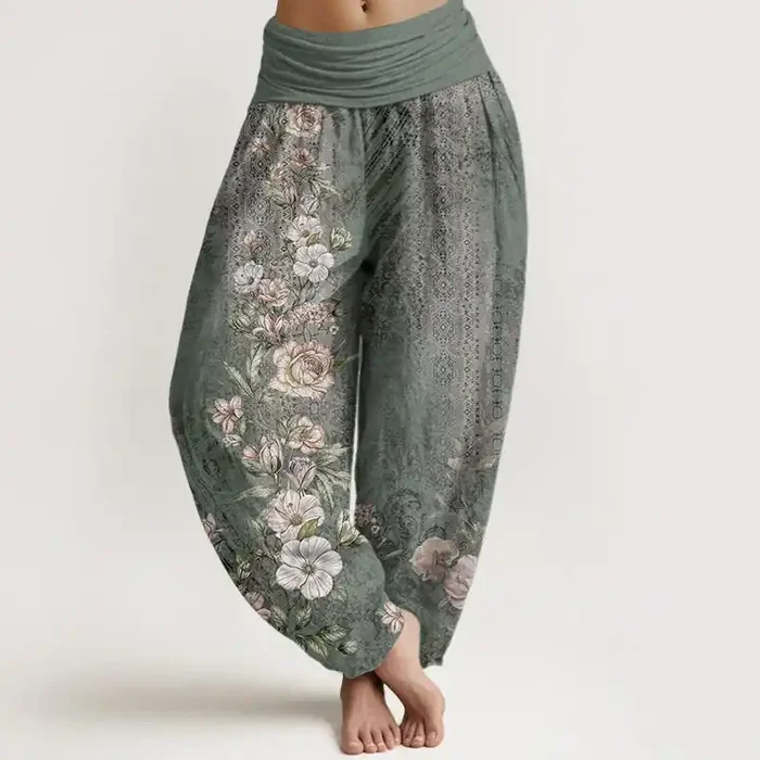 Buddha Stones Pure Cotton Ethnic Floral Ethnic Totem Pattern Women‘s Elastic Waist Harem Pants