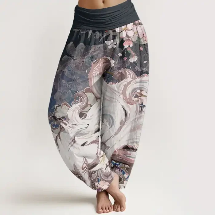 Buddha Stones Pure Cotton Fox Cherry Blossoms Women‘s Elastic Waist Harem Pants