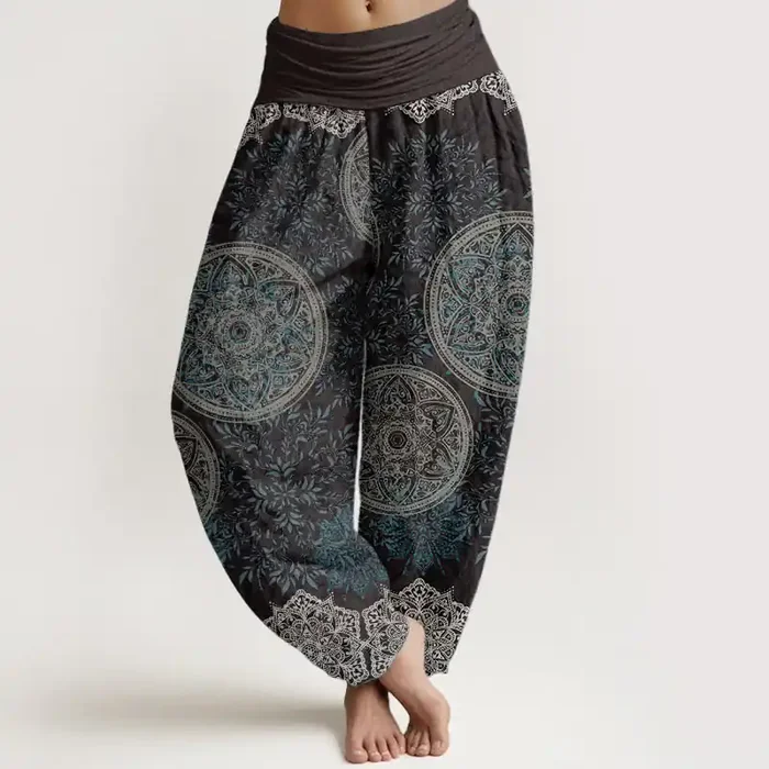 Buddha Stones Pure Cotton Mandala Pattern Leaves Women‘s Elastic Waist Harem Pants