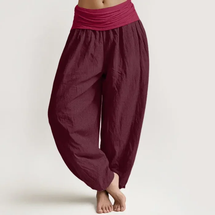Buddha Stones Pure Cotton Plain Maroon Women‘s Elastic Waist Harem Pants