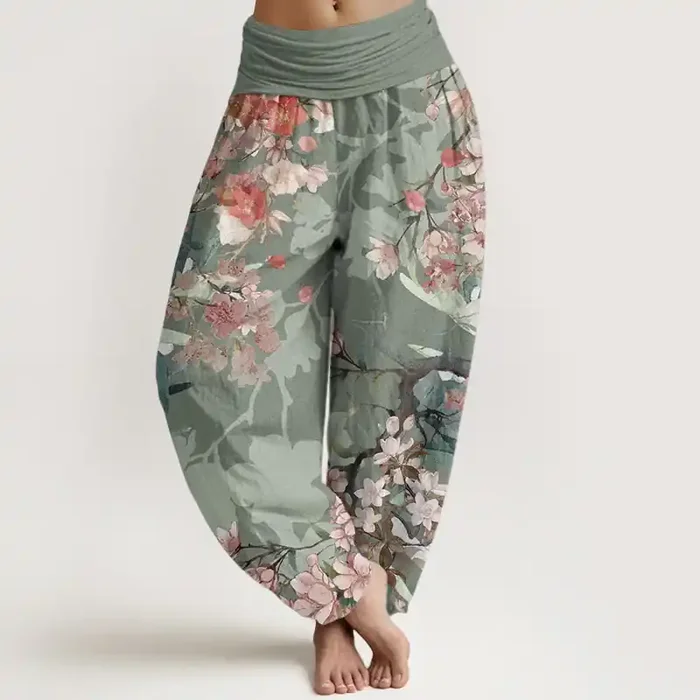 Buddha Stones Pure Cotton Red Pink Blooming Flowers Lush Branches Women‘s Elastic Waist Harem Pants
