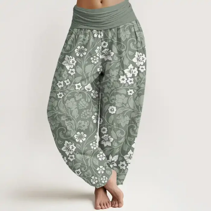 Buddha Stones Pure Cotton Small Flowers Intertwining Branches Women‘s Elastic Waist Harem Pants