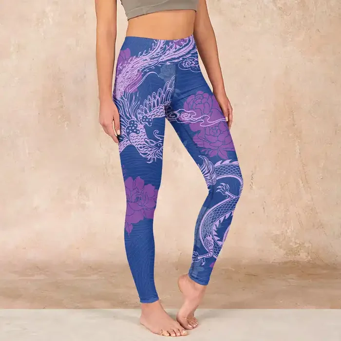 Buddha Stones Purple Dragon Phoenix Flowers Print Gym Leggings Women‘s Yoga Pants