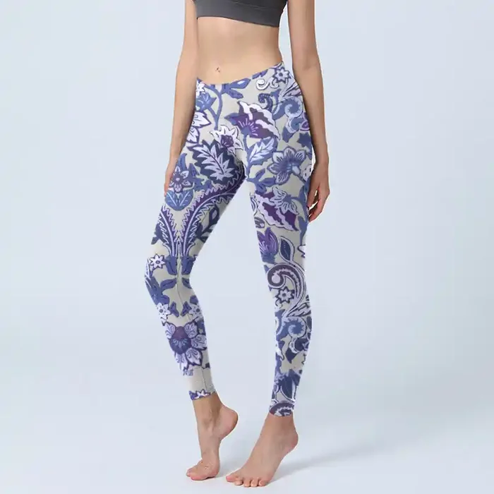 Buddha Stones Purple Flower Leaves Print Gym Fitness Leggings Women‘s Yoga Pants