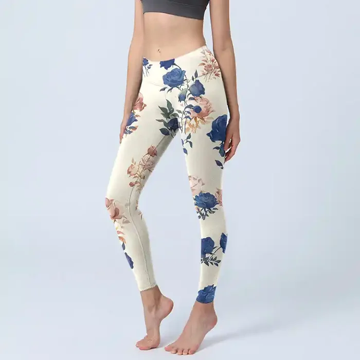 Buddha Stones Red Blue Rose Leaf Print Gym Leggings Women‘s Yoga Pants