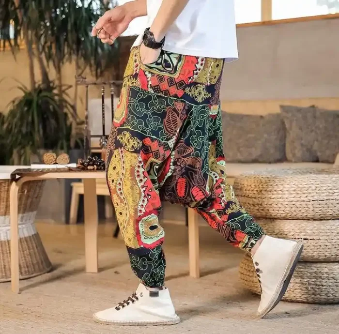 Buddha Stones Red Gold Casual Leaves Print Cotton Men‘s Harem Pants With Pockets