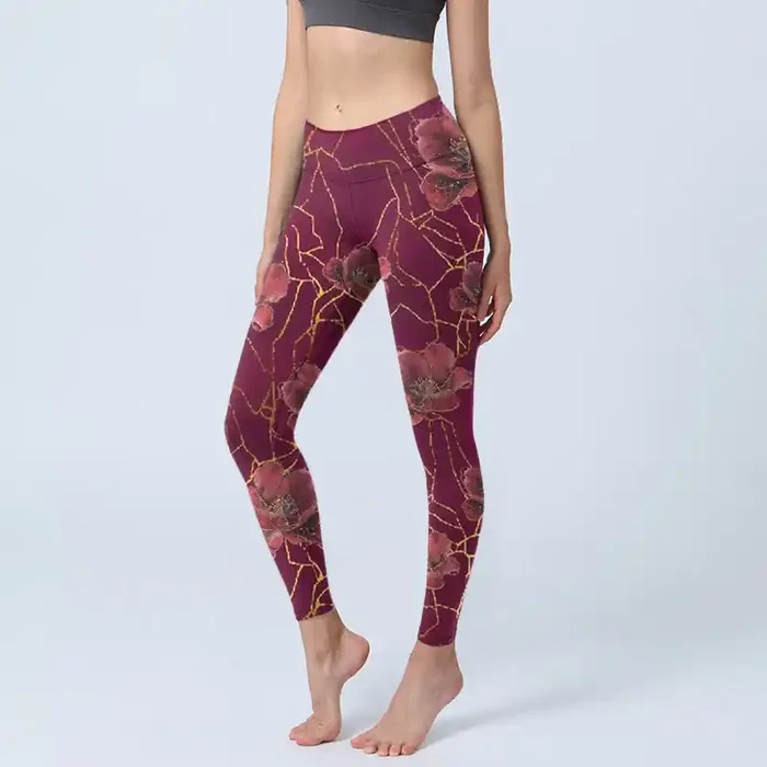 Buddha Stones Red Petals Golden Lines Pattern Print Gym Leggings Women‘s Yoga Pants
