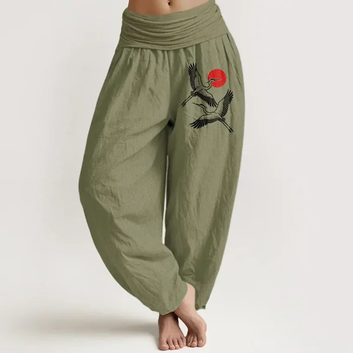 Buddha Stones Red Sun Cranes Pattern Women‘s Elastic Waist Harem Pure Cotton Pants