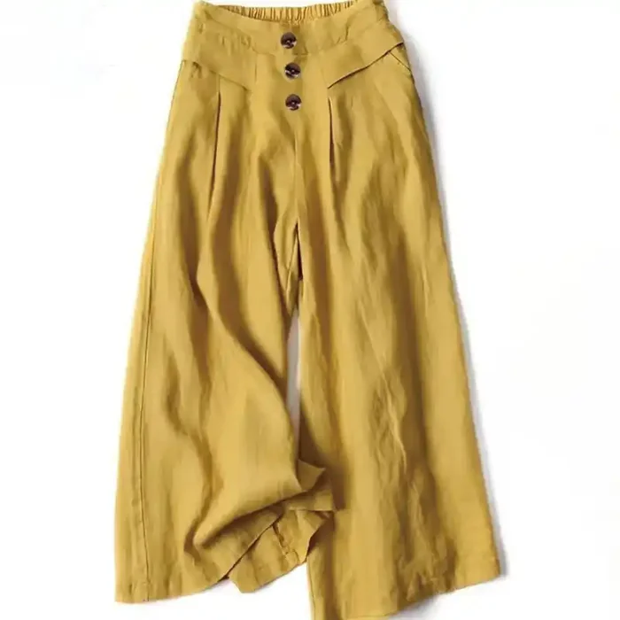 Buddha Stones Retro Casual High Waist Cotton Women‘s Wide Leg Pants With Pockets
