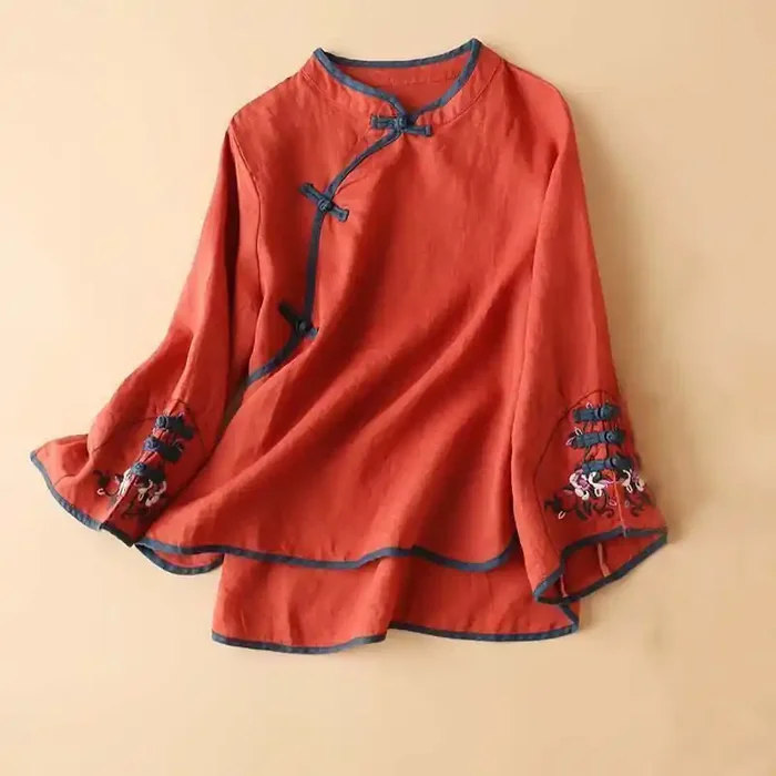 Buddha Stones Retro Flower Embroidery Design Long Sleeve Cotton Linen Women‘s Shirt