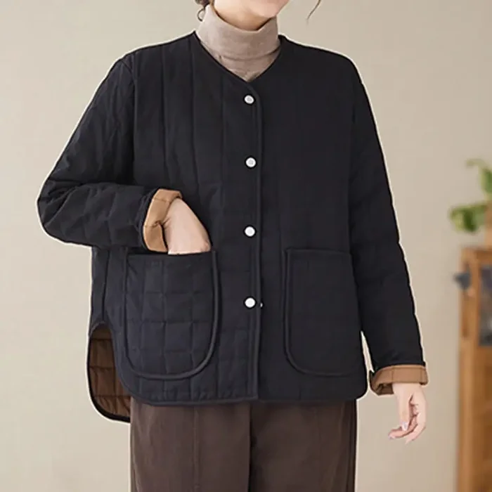 Buddha Stones Retro Plain Women‘s Thick Cotton Long Sleeve Coat Jacket With Pockets