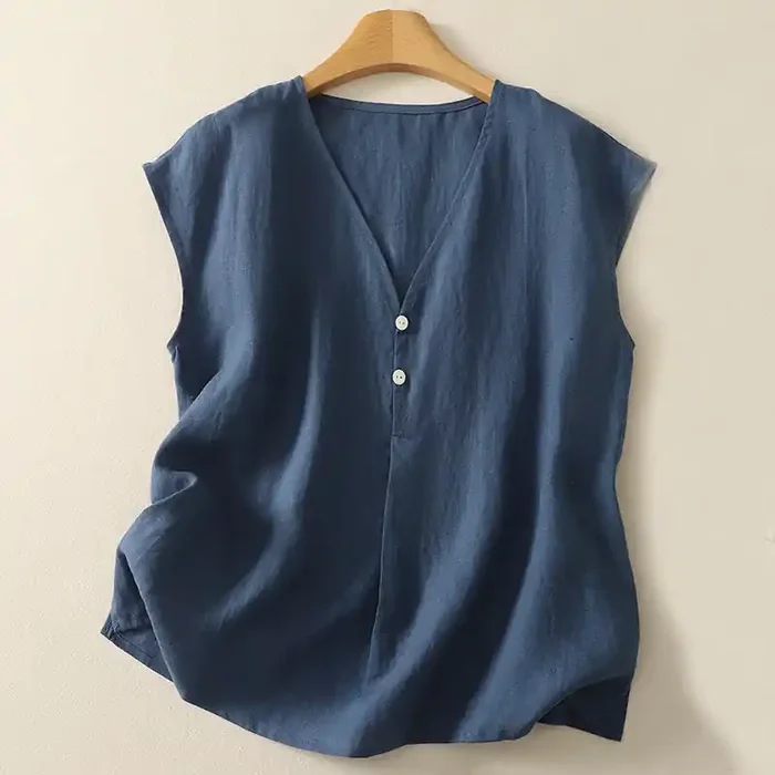 Buddha Stones Retro V-Neck Button Design Women‘s Cotton Sleeveless Vest