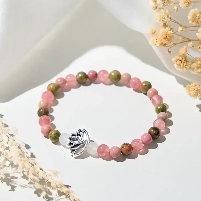 Buddha Stones Rhodonite Unakite Beads Lotus Healing Bracelet
