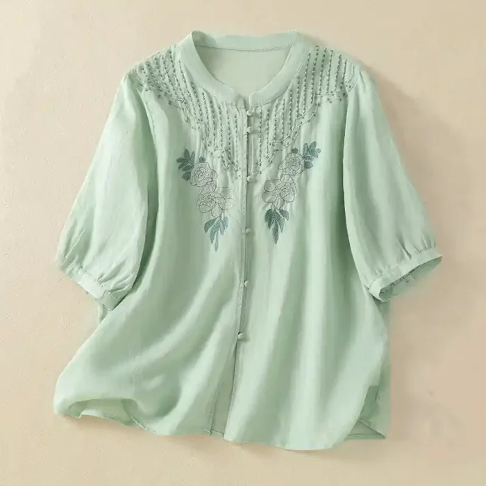 Buddha Stones Rose Floral Embroidery Button Half Sleeve Women‘s Cotton Shirt
