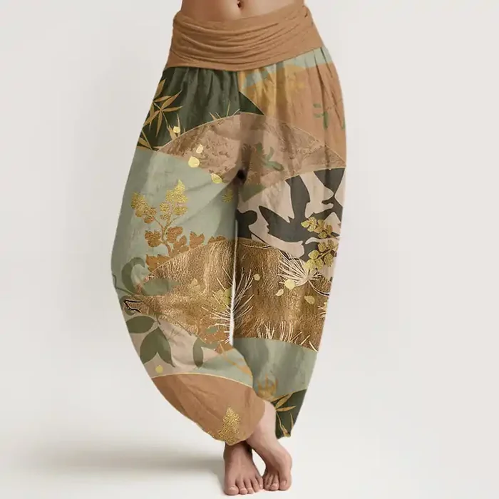 Buddha Stones Semicircle Leaves Pattern Women‘s Elastic Waist Harem Pants
