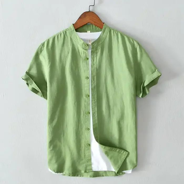 Buddha Stones Simple Style Short Sleeve Button Cotton Linen Men‘s Shirt