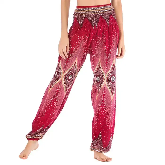 Buddha Stones Small Eye Peacock Feathers Pattern Loose Smocked Harem Trousers High Waist Women‘s Yoga Pants