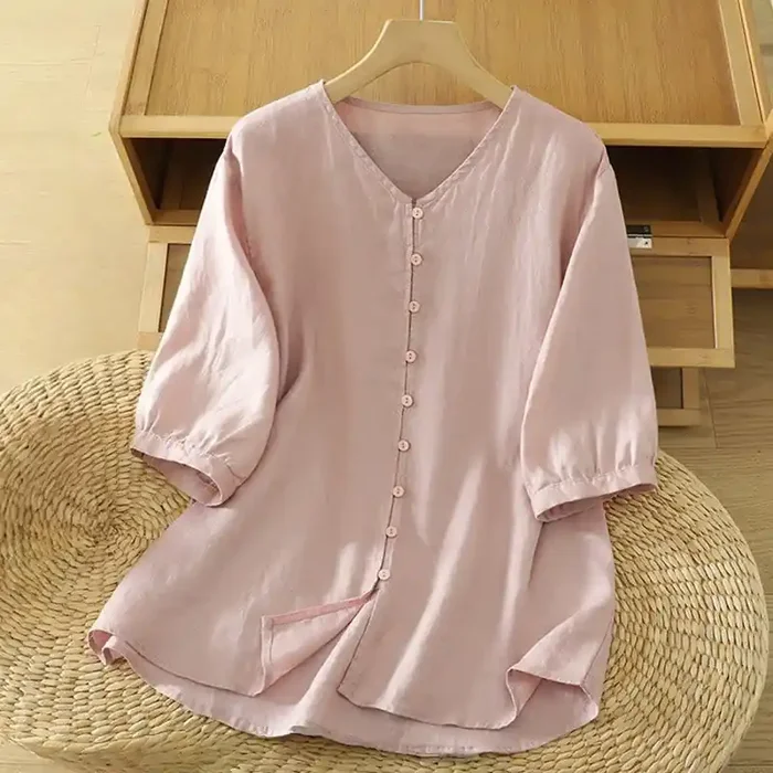 Buddha Stones Solid Buttons V-Neck Half Sleeve Women‘s Shirt