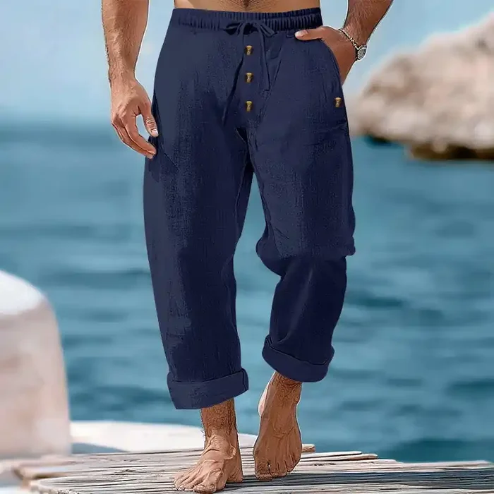 Buddha Stones Solid Color Buttons Drawstring Men‘s Cotton Pants With Pockets