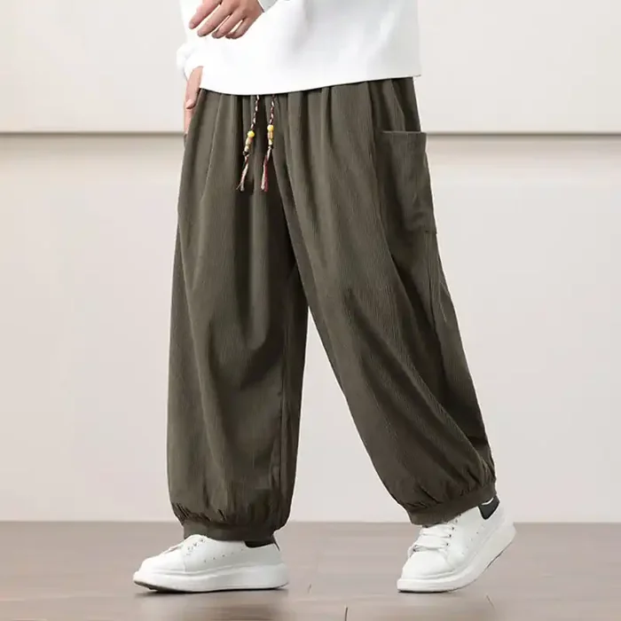 Buddha Stones Solid Color Corduroy Drawstring Men‘s Harem Pants With Pockets