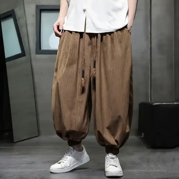 Buddha Stones Solid Color Corduroy Drawstring Thermal Men‘s Harem Pants With Pockets