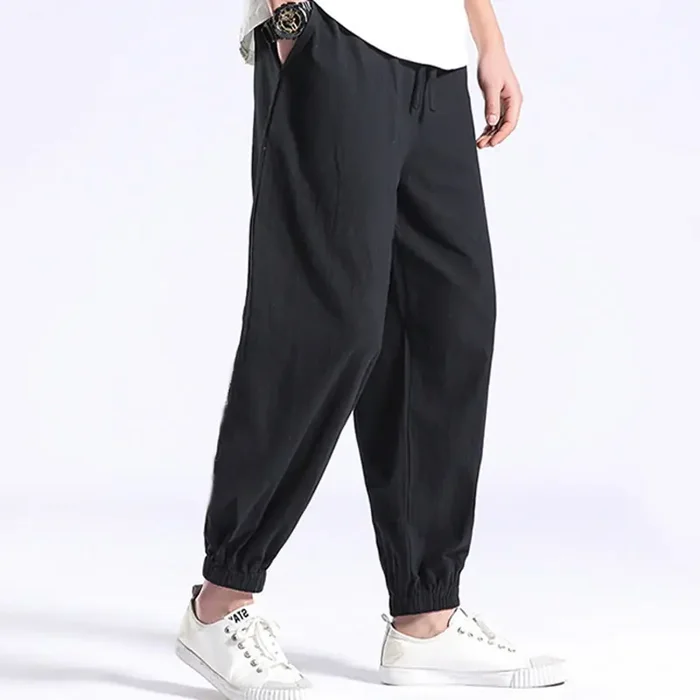 Buddha Stones Solid Color Cotton Linen Casual Men‘s Harem Pants With Pockets