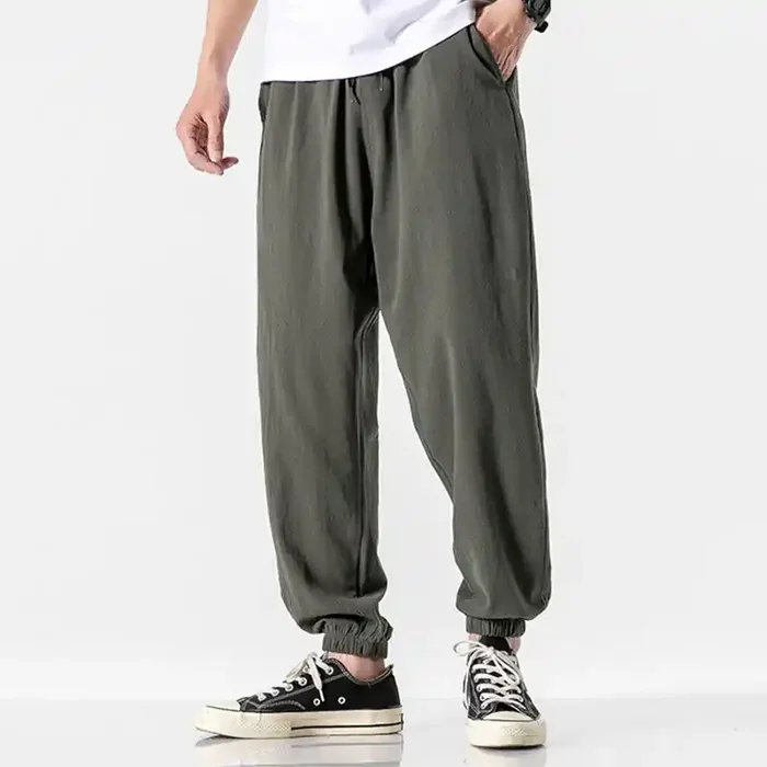 Buddha Stones Solid Color Drawstring Cotton Men‘s Pants With Pockets