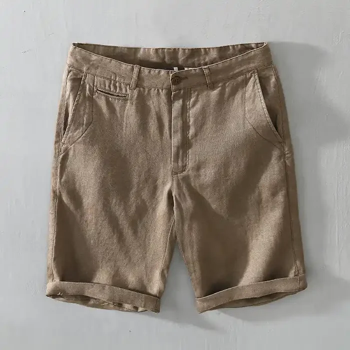 Buddha Stones Solid Color Drawstring Linen Men‘s Shorts With Pockets