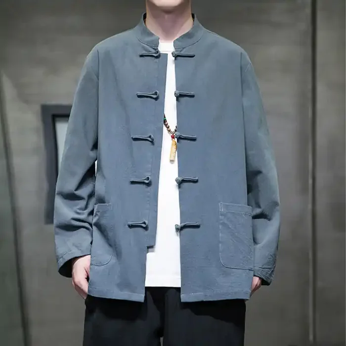 Buddha Stones Solid Color Frog-button Tang Suit Cotton Linen Men‘s Jacket Shirt With Pockets