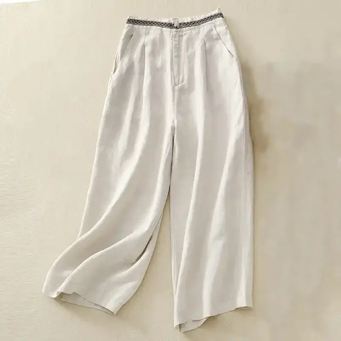 Buddha Stones Solid Color Front Button Back Elastic Cotton Linen Women‘s Pants With Pockets