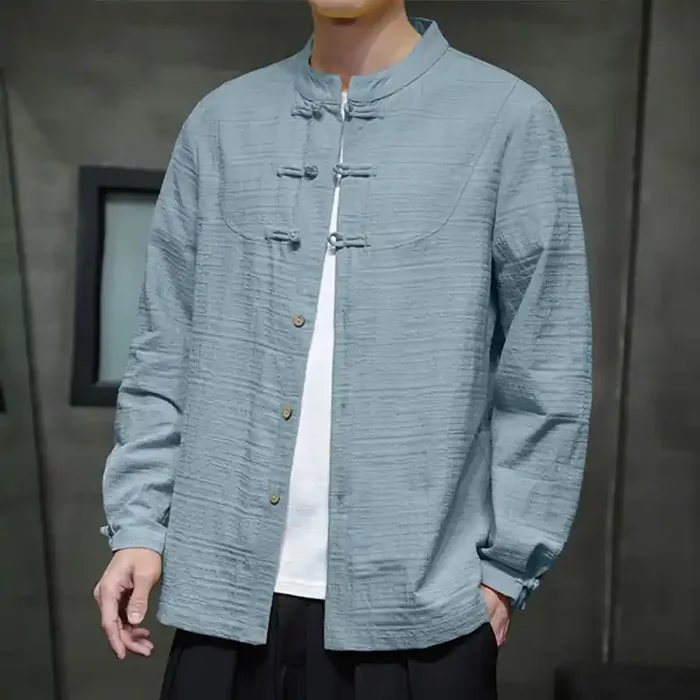 Buddha Stones Solid Color Half Frog-button Tang Suit Cotton Linen Men‘s Jacket Shirt