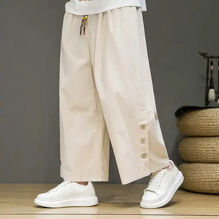 Buddha Stones Solid Color Linen Buttons Drawstring Men‘s Straight Leg Pants With Pockets