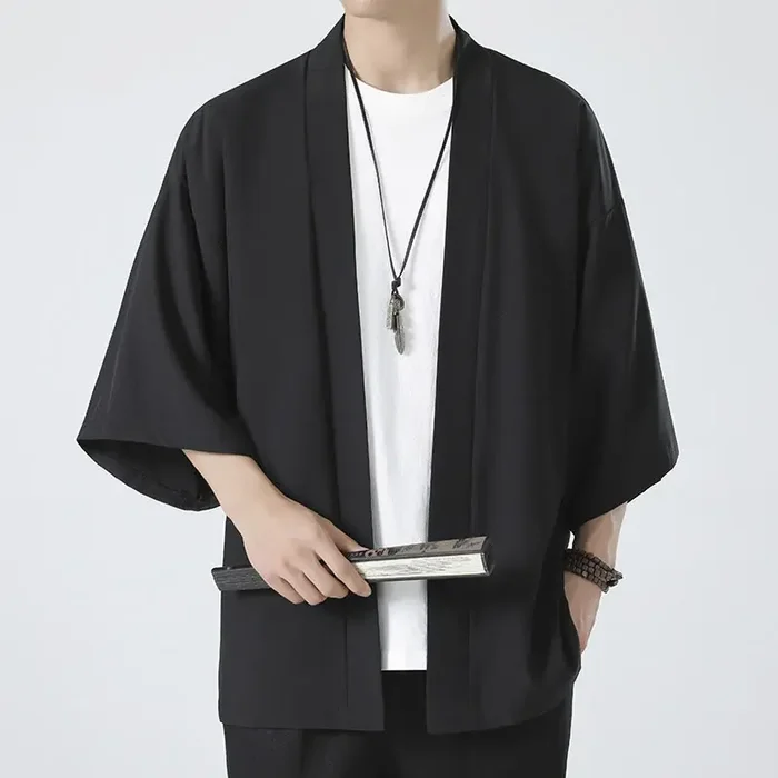 Buddha Stones Solid Color Open Front Jacket Men‘s Kimono