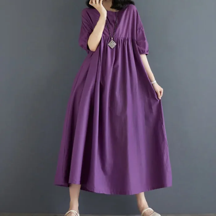 Buddha Stones Solid Color Pleated Design Crew Neck Half Puff Sleeve Cotton Midi Dress