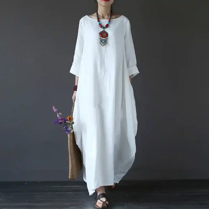 Buddha Stones Solid Color Three Quarter Sleeve Cotton Women‘s Maxi Dress