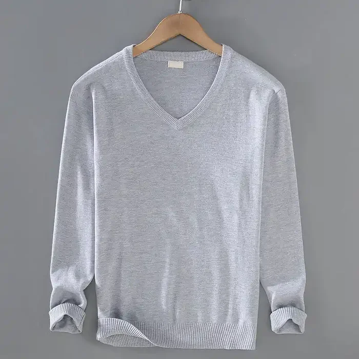 Buddha Stones Solid Color V-Neck Cotton Simple Design Men‘s Long Sleeve Sweater