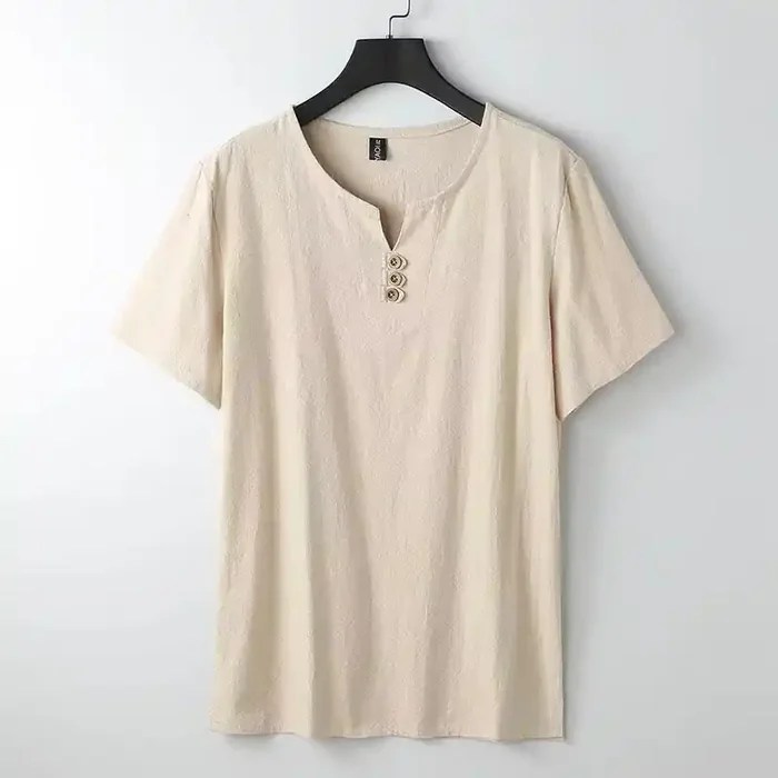 Buddha Stones Solid Color V-neck Three Top Buttons Short Sleeve Cotton linen Men‘s Shirt