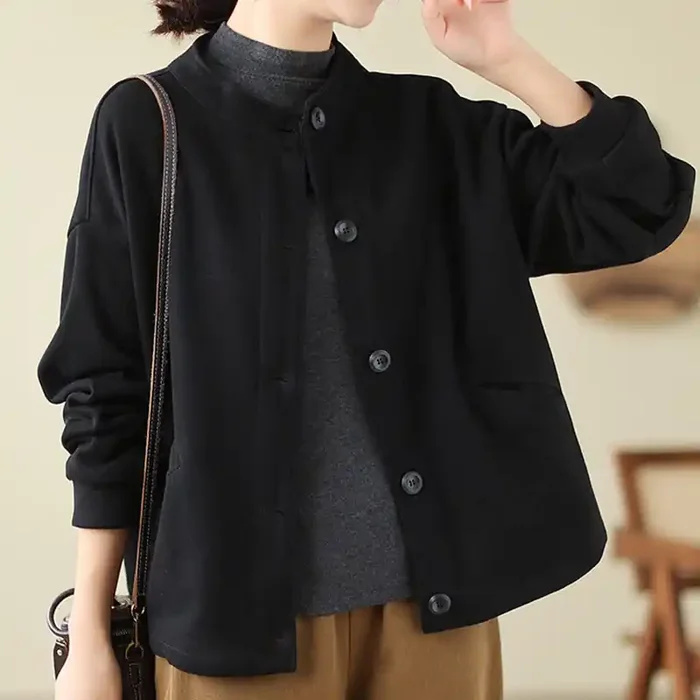 Buddha Stones Solid Color Women‘s Cotton Long Sleeve Jacket With Pockets