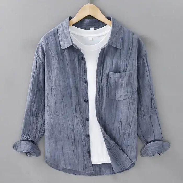 Buddha Stones Solid Long Sleeve Stand Collar Wrinkles Button Down Ramie Linen Men‘s Shirts